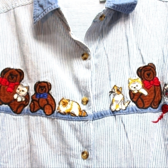 VINTAGE Victoria Jones Petites Blue Twill Pinstripe bear‎ Button Up Shirt - Picture 2 of 4